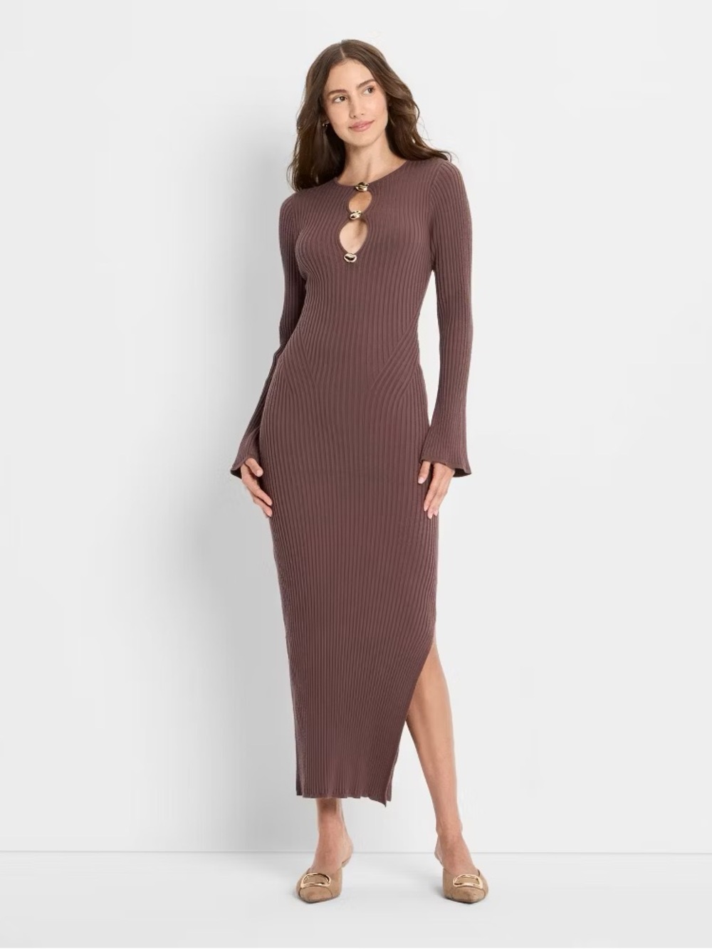 Ribbed Long-Sleeve Maxi Dress with Keyhole Rings - Brown